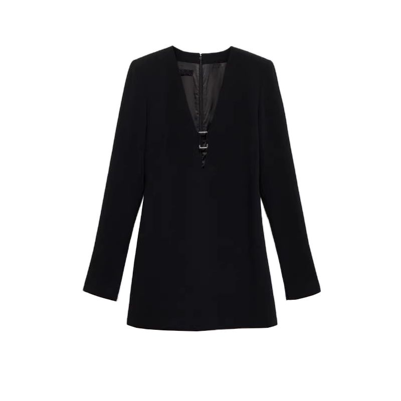 

Fall and Winter New Women s Clothing Fashion Wind Metallic Decorative Button V Neck Long Sleeves Short Dress 77029063 Black L