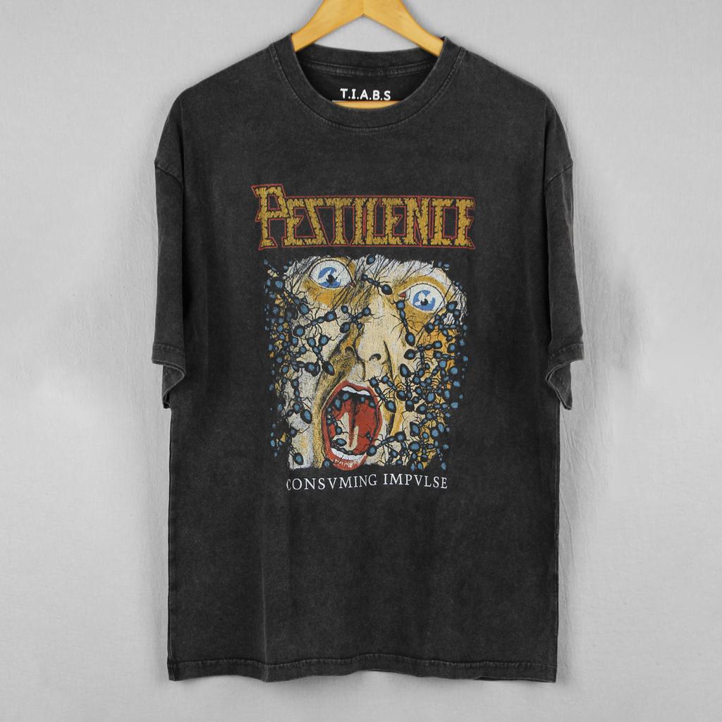 Pestilence TShirt Death Metal Band Morbid Angel Washed Loose Drop Shoulder Retro Vintage Oversized Cotton Mens Clothing Shirts