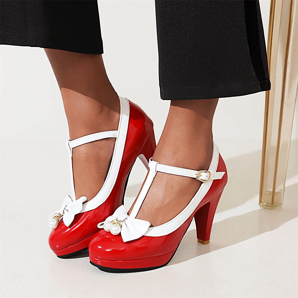 Fashion Women T Strap Lolita Mary Jane Shoes Woman Platform High Heels Red White Bowtie Ladies Summer Spike Heel Pumps Party Dress Shoes