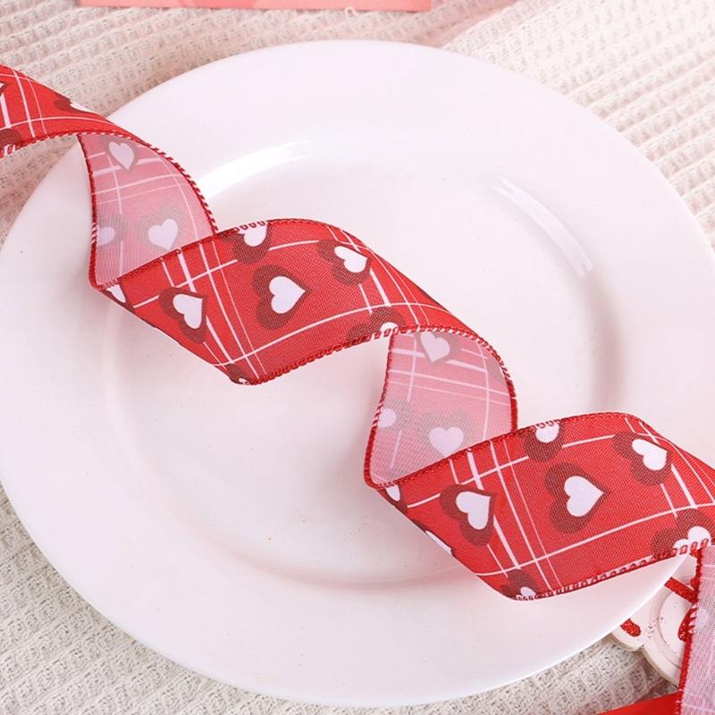 4 Rolls 5cm Valentines Day Wire Ribbon Gift Wrapping Ribbons for Wedding Wreath Hair Bows DIY Crafts with Heart Pattern