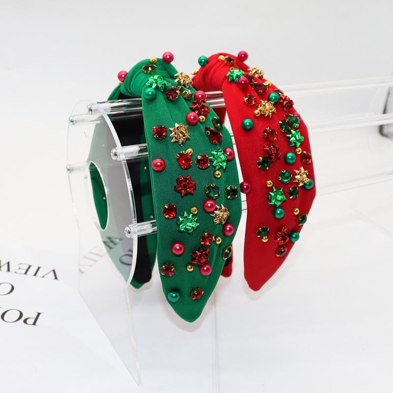 Bandeau de Noël Européen Américain avec Strass, Perles et Fleurs Métalliques 3D - Accessoire de Cheveux Festif pour Femmes
