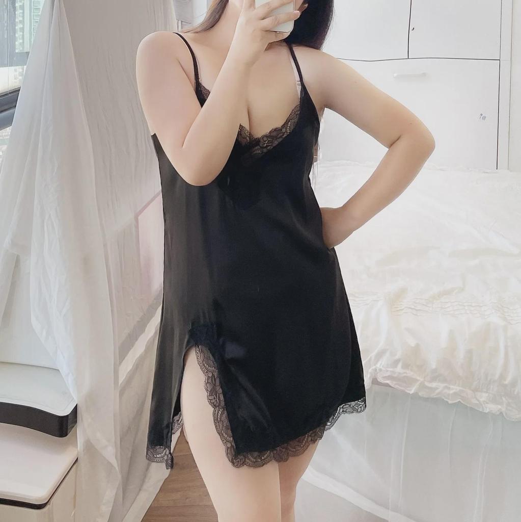 Plus Size Sexy Ice Silk Lace Slit Nightdress Pajamas