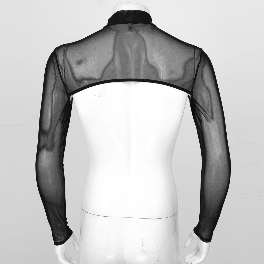 Men Mock Neck Long Sleeve T-Shirt See-Through Mesh Half Crop Top Party Clubwear