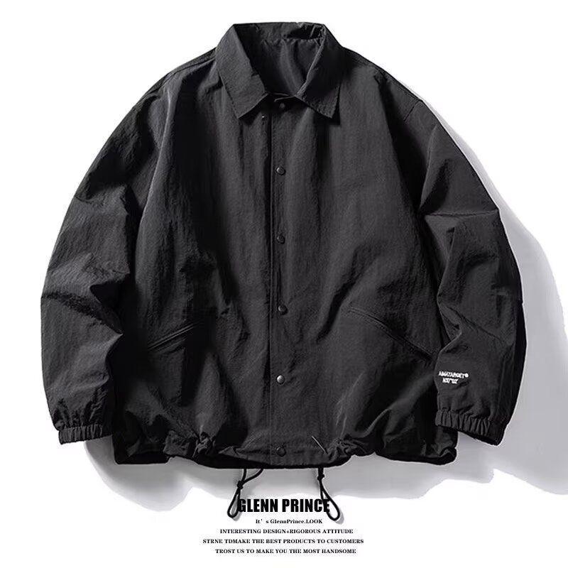 Men's Japanese Retro Loose-Fit Coach Jacket - Turn-Down Collar, Versatile Solid Color, Simple Spring/Autumn Workwear, Trendy Uniform Style.