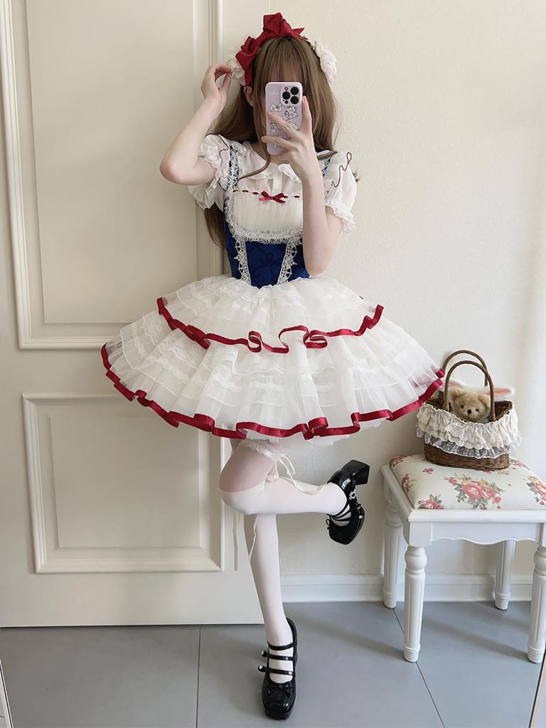 Lolita JSK Jumper Skirt with Dreamy Cute Gothic Lolita Outfit with Ruffles and Mori Idol Light Snow Size M [XHSUKADO] Ribbon, Women's One-Piece Dress,