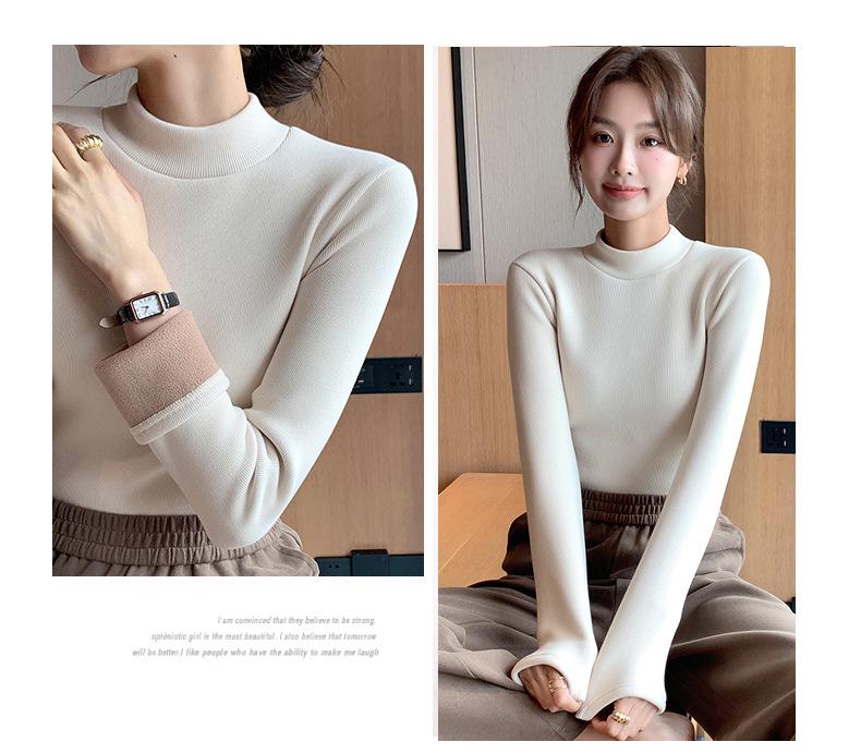 H331 Women's Slim Fit Knitted Half Turtleneck Sweater - Plus Velvet, Warm Long Sleeve Top for Autumn and Winter