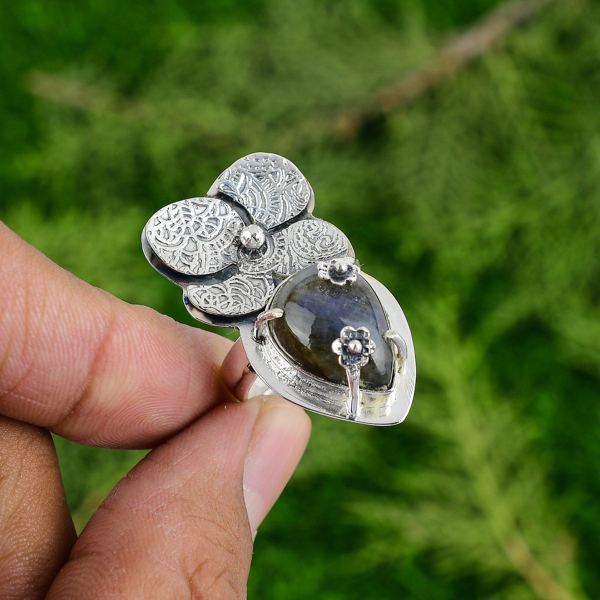 

Лабрадорит Камень 925 Стерлинговое Серебро Цветок Заявление Юбилей Безель Кольцо Adjustable