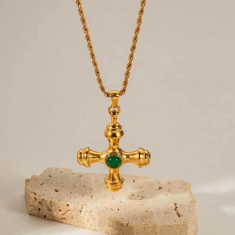 Vintage Gold Color Cross Pendant Necklaces for Women Fashion Metal Natural Stone Clavicle Chain Necklaces Zircon Accessories