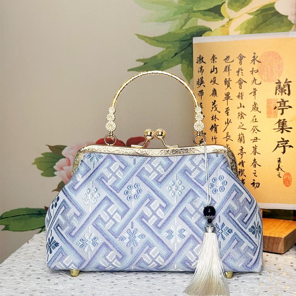 Frame Handbag for Women, Ethnic Woven Pattern Kiss Lock Purse with Tassel Decor