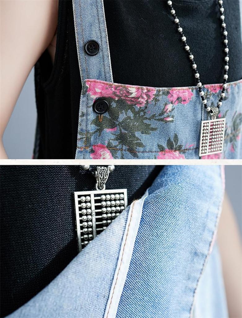 Mouhoukyo Denim Denim Loose Casual Cute Floral Sizes Women's Overalls, Wide-Leg Pants, All-in-One Pants, Fit, Jeans, Print, Spring, Summer, Autumn,