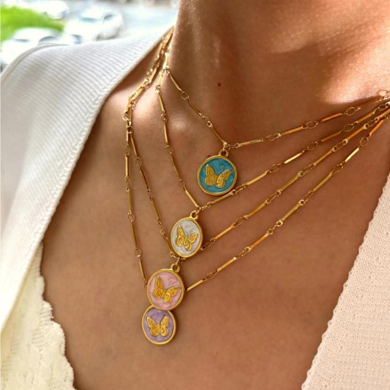 Stainless Steel Butterfly Necklace Colorful Enamel Detailing Dainty Chain for Everyday Wear or Special Occasions