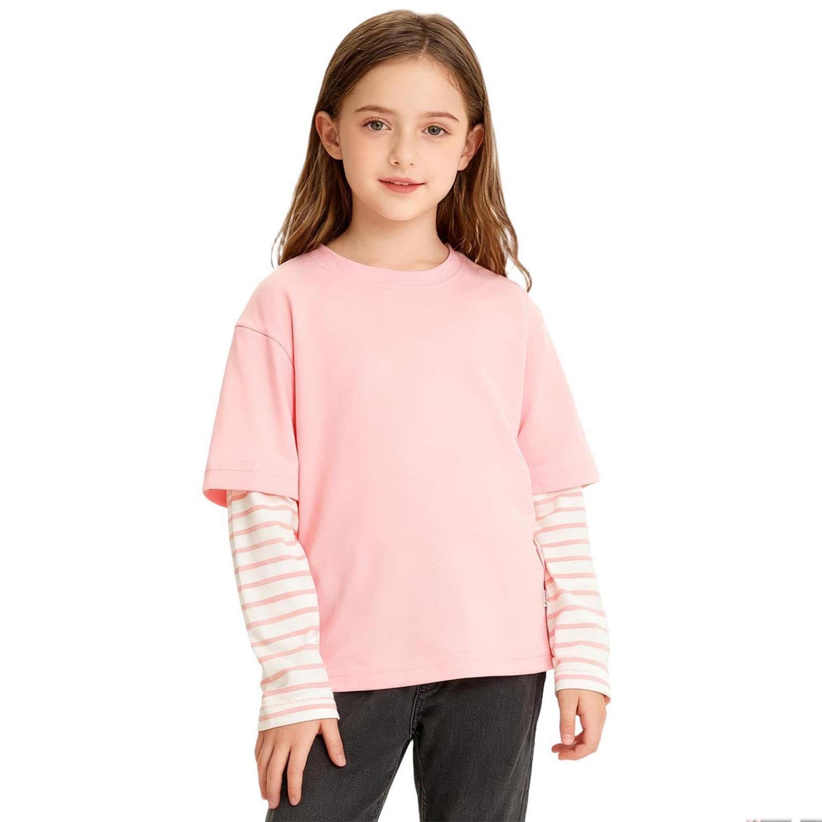Children s Leisure Long-sleeved Striped Faux Two-piece Headwear Top 140 розовый