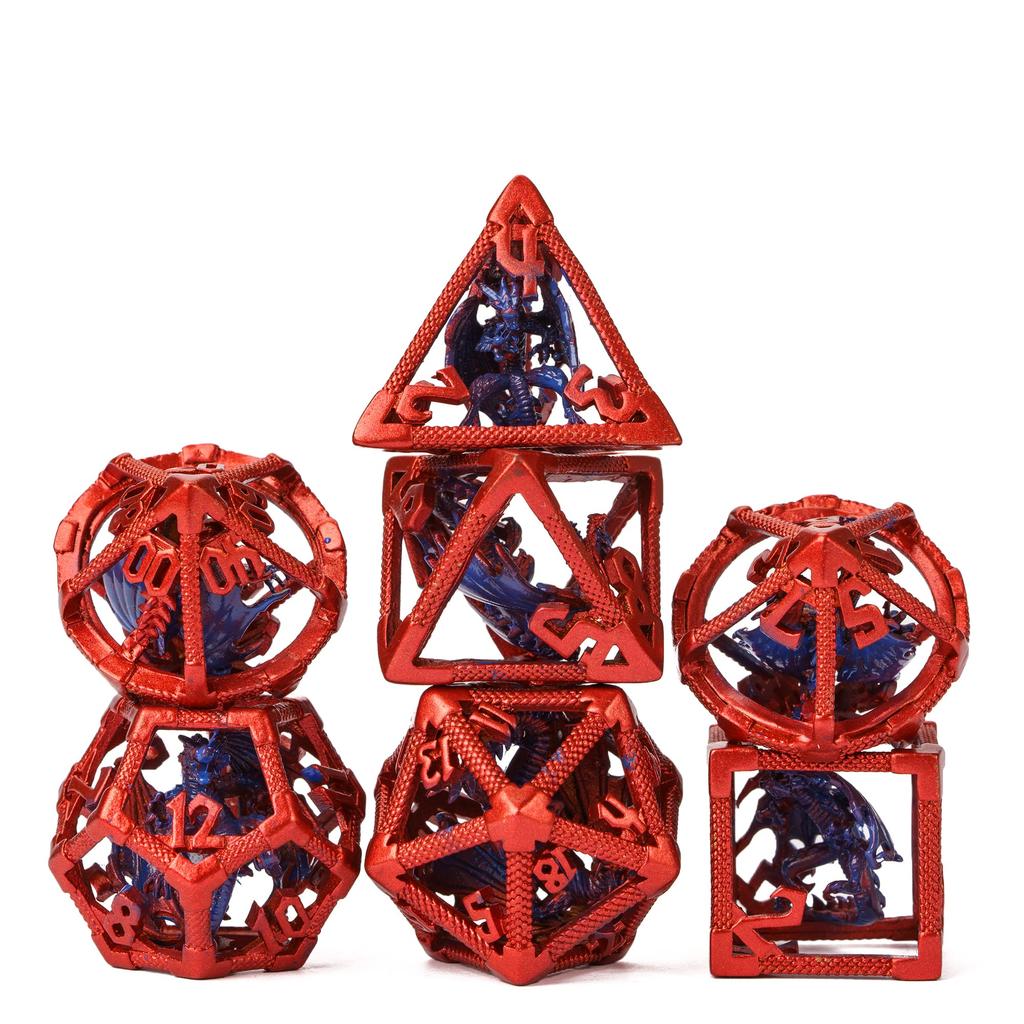 Cusdie Dračí duté kovové DND kostky 7 ks D4-D20 Polyedrická sada kostek se železnou krabičkou pro RPG hru Pathfinder Stolní hry