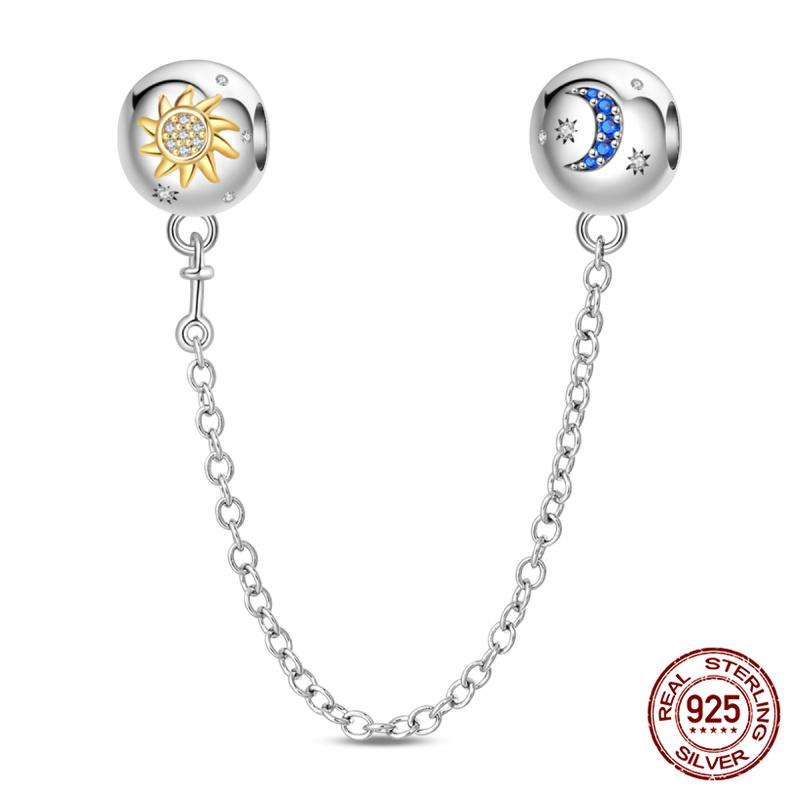 Original 100% 925 Silver Star Moon Safety Chain Fit 925 Original Bracelet & 3mm Bracelet DIY Jewelry Making Women Gift