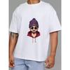 White T-Shirt with Cartoon Man Wearing Beanie and Sunglasses Print for Casual Wear