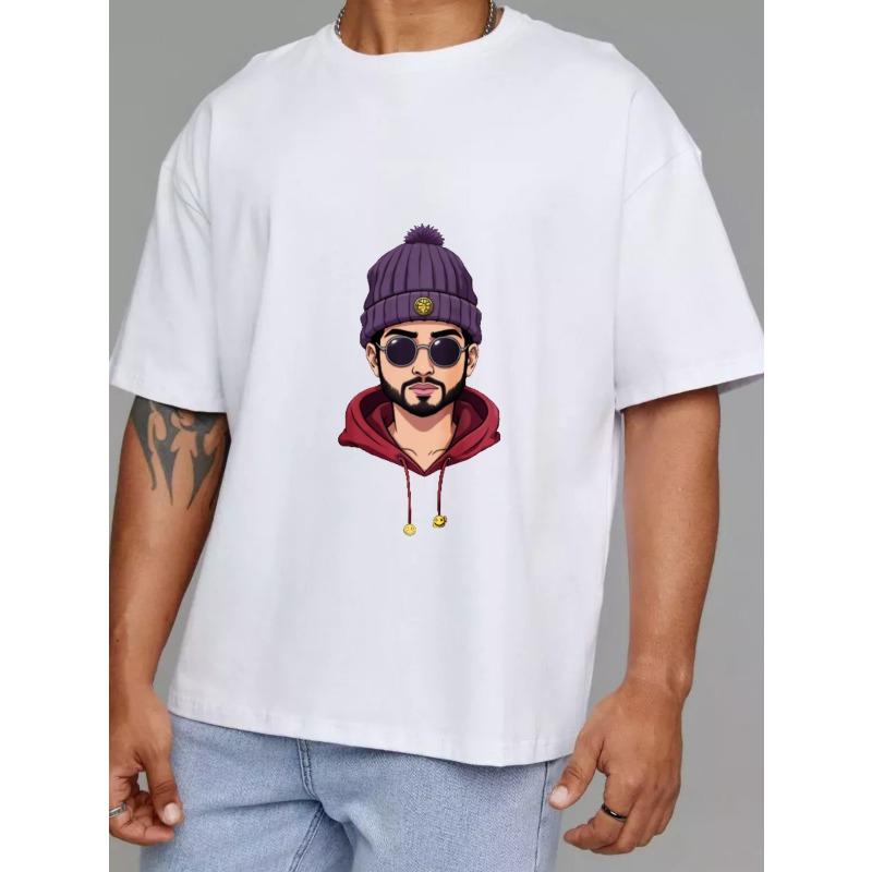 White T-Shirt with Cartoon Man Wearing Beanie and Sunglasses Print for Casual Wear