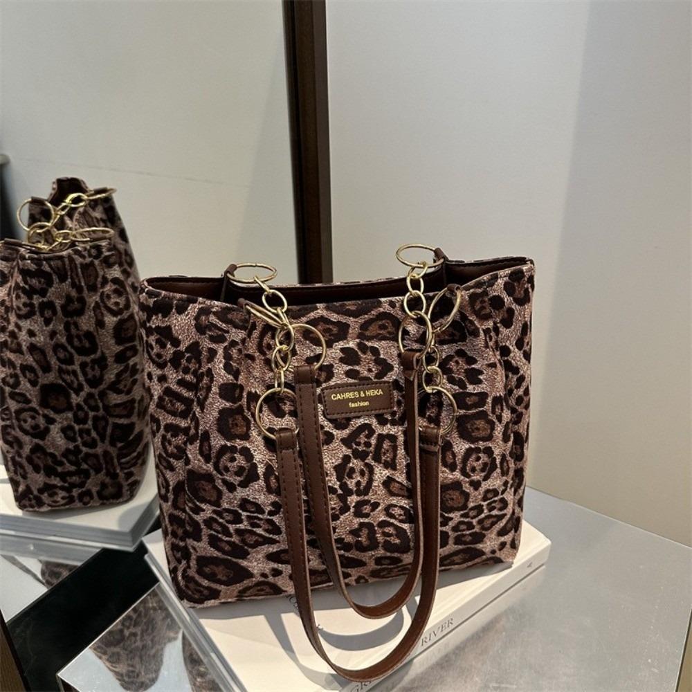 PU Leather Leopard Print Shoulder Bag Zipper Closure Tote Bag Chain Strap Handbag Commuting