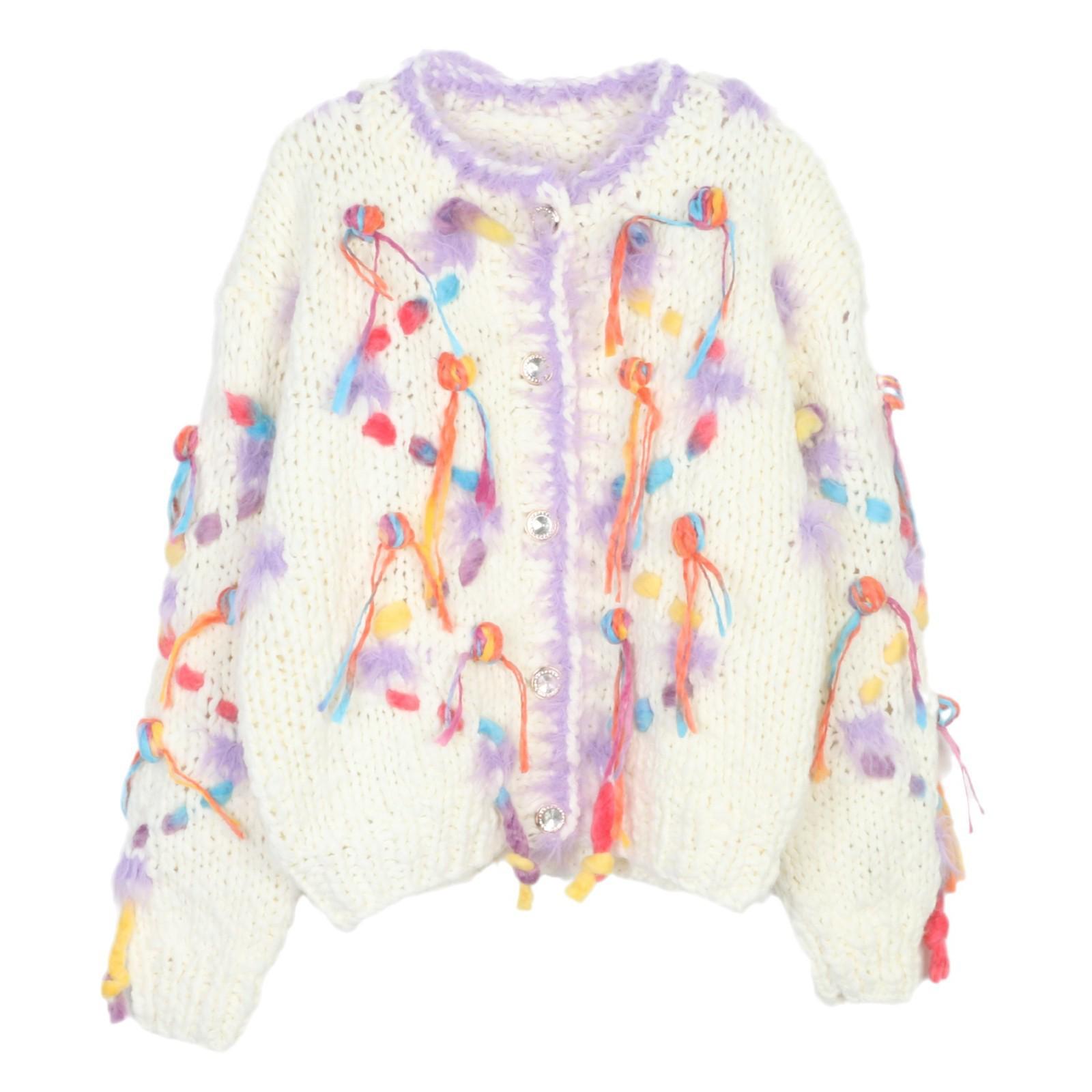 

European Style Hand-Knitted Round Neck Long Sleeve Cardigan Sweater for Women S