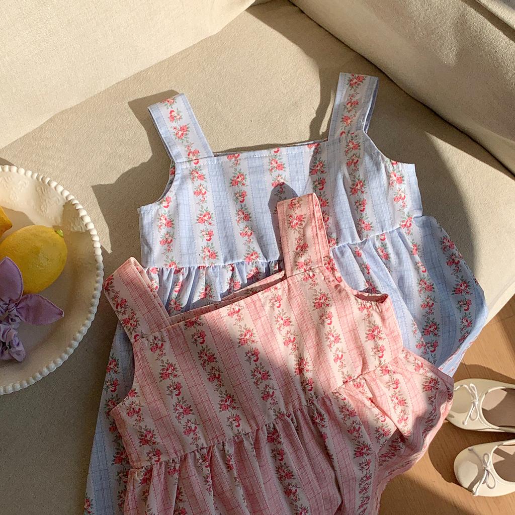 Girls Summer Floral Spaghetti Strap Dress Sleeveless Kids Vest Dress Sweet Princess Children Clothing