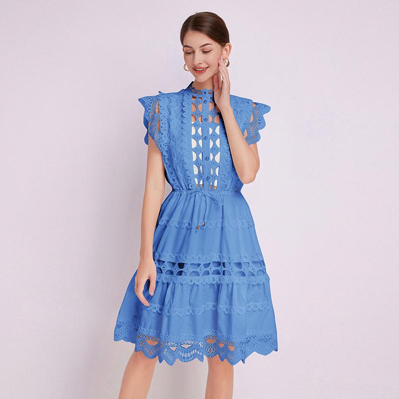 

Нове модне однотонне елегантне мереживне літнє жіночий одяг, вінтажне коротке жіноче плаття з вирізаною стійкою та рукавами, що летять M