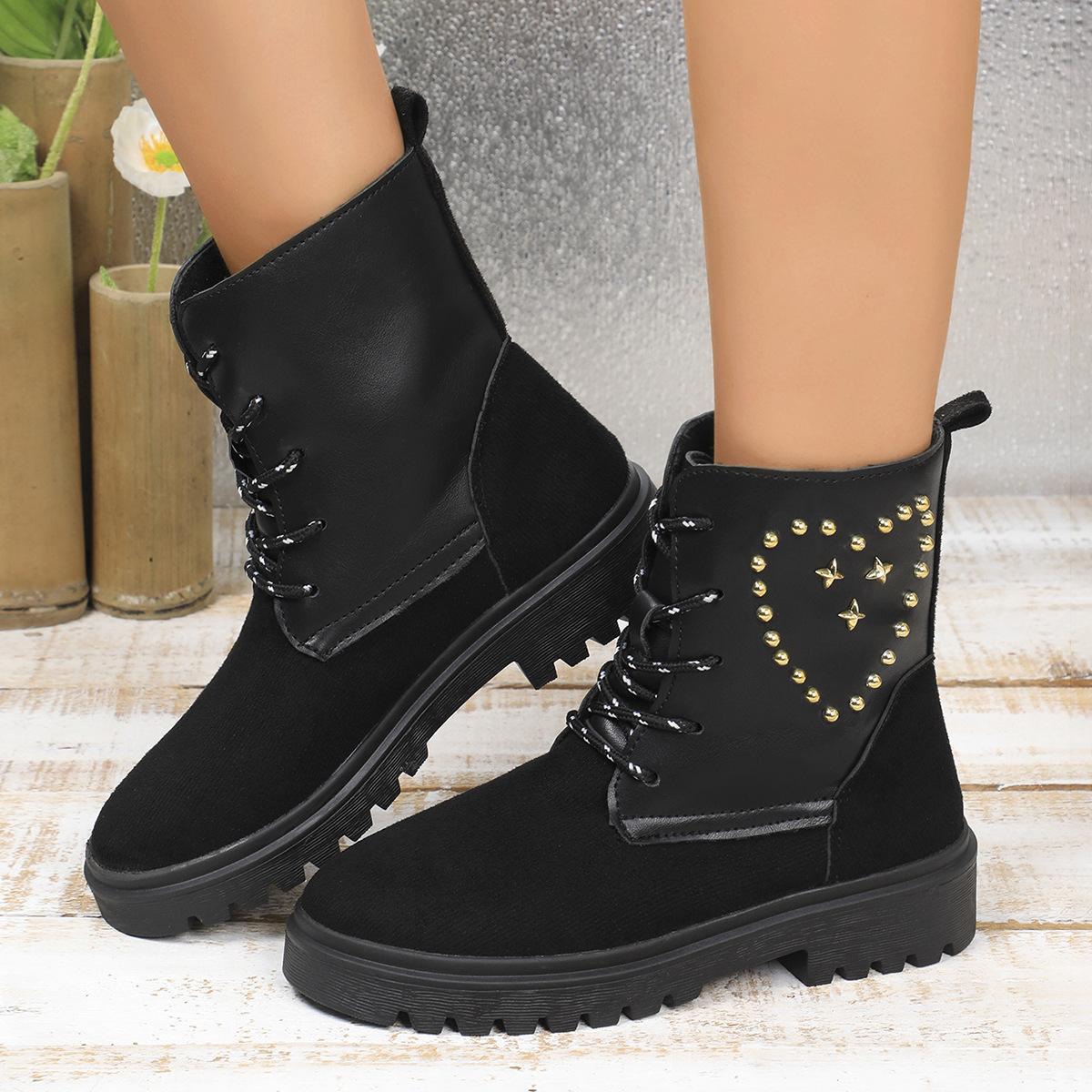 

Thick-soled Martin boots women s short tube side zipper autumn single boots new rivet love large size cotton boots 43 чорний
