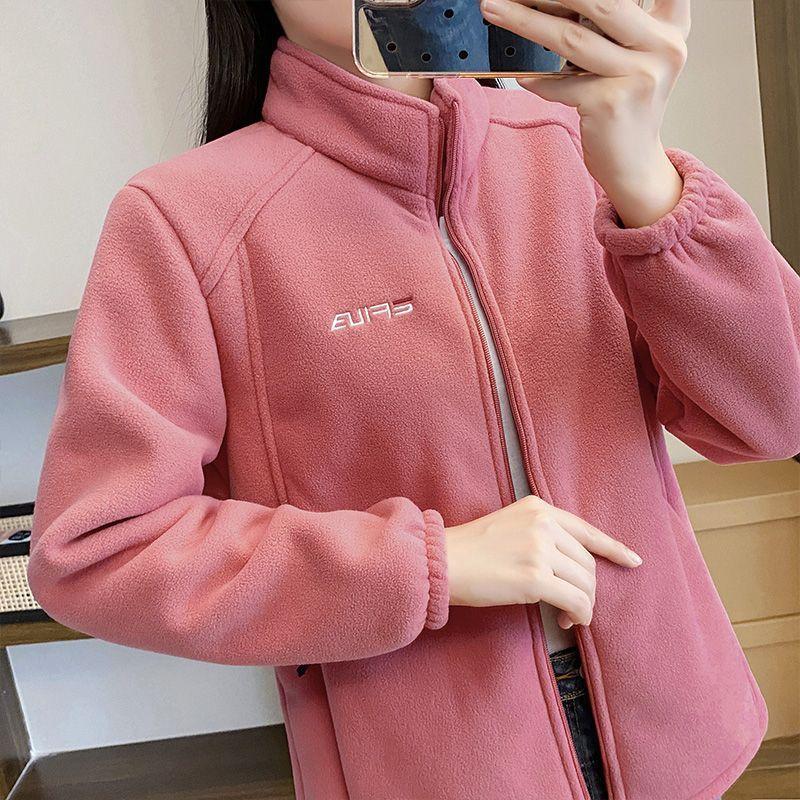 Women's Mint Green Fleece Jacket with Plush Puffer Stand Collar Winter Coat Long Sleeve Zippered Outerwear for Skiing Casual Cold Weather Clothing