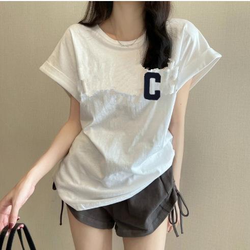 Women's Round Neck Flying Sleeve T-Shirt Loose Letter Printed Pullover Casual Korean Style Short Sleeve Top