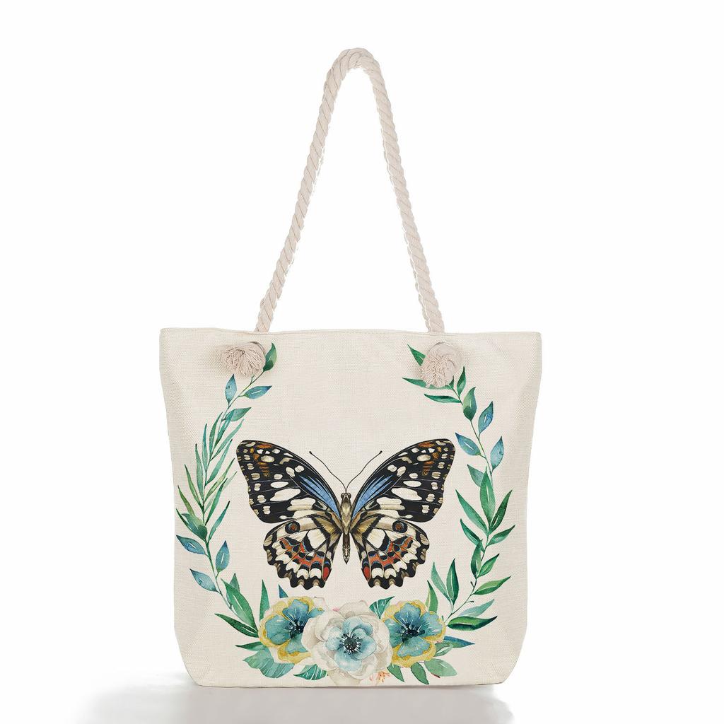 Multifunctional Flowers and butterflies Printed Thick Rope Shoulder Beach Bag Casual large capacity handbag 7615 KTB