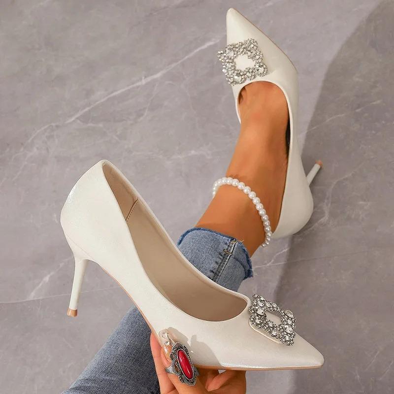 Fashion Crystal Buckle High Heels Shoes for Women Sexy Pointed Toe Thin Heeled Party Shoes Woman Slip-On White Satin Pumps Female