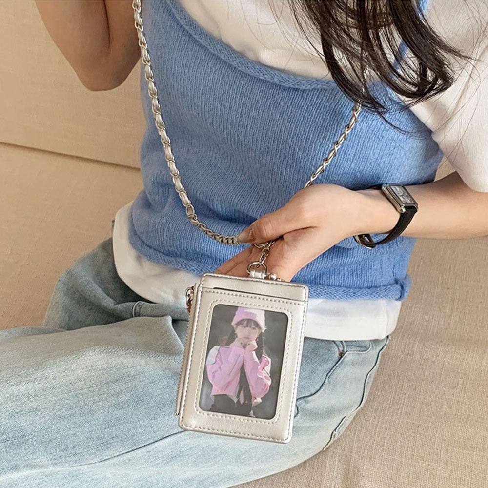 Korean Chain Card Holder PU Leather with Lanyard ID Card Card Holder Card Bag