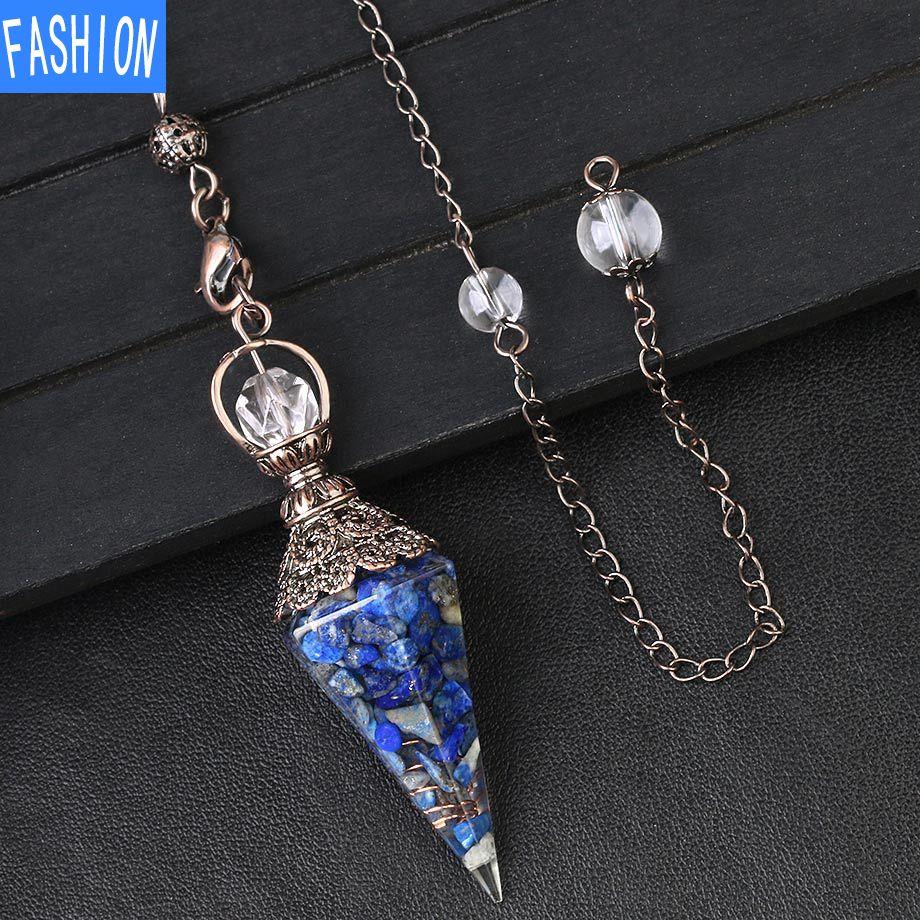 Colorful Crystal Pendulum Bronze Fashion Natural Gravel Resin Spring Hexagonal Cone Pendant