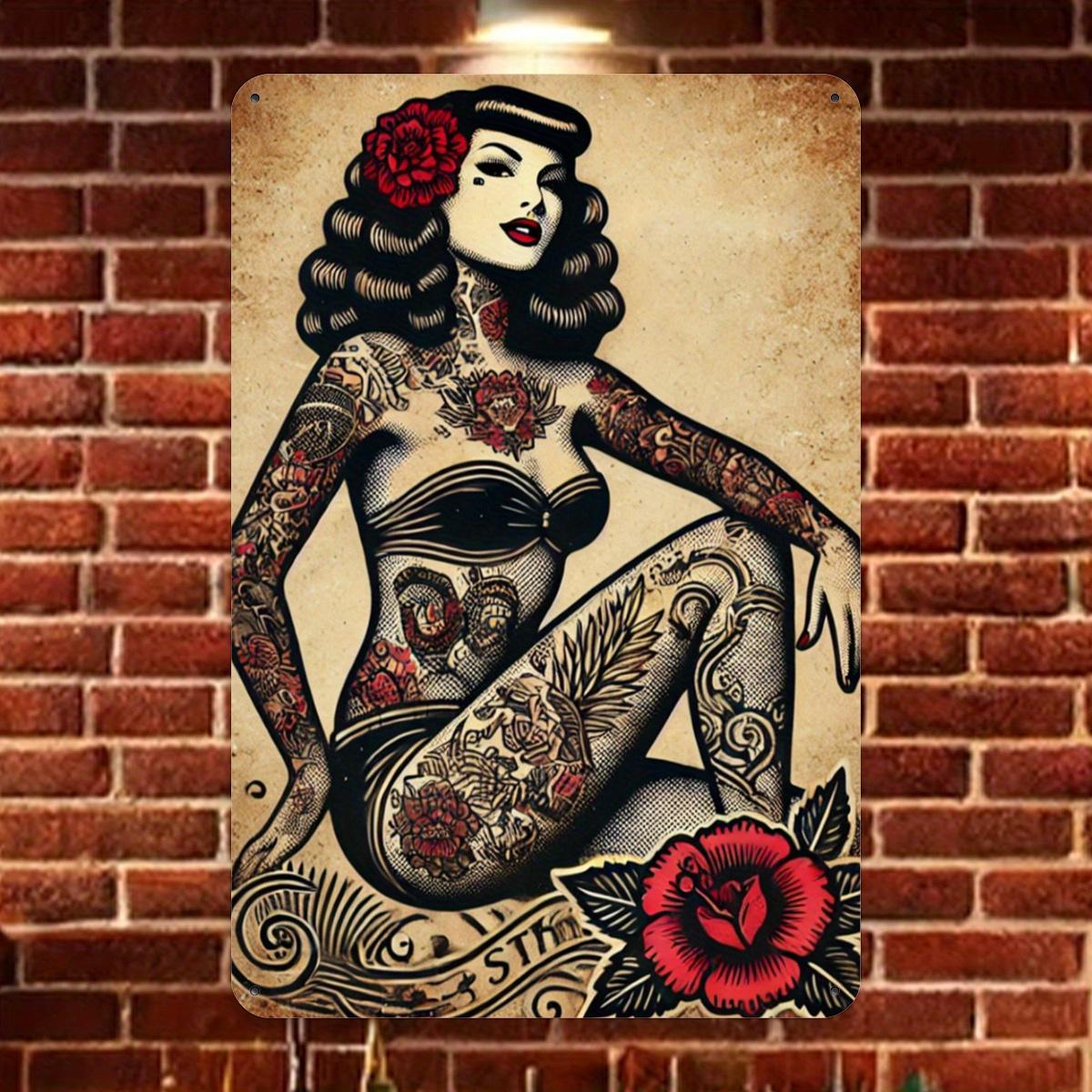 Vintage Tattooed PinUp Girl with Red Roses Retro Metal Tin Sign Old School Tattoo Art Wall Decor Plaque 20x30cm(7.8x11.8inch)
