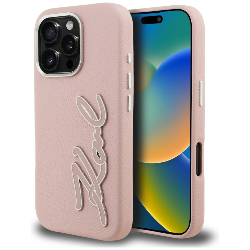 Karl Lagerfeld FW Grained Signature Logo Case for iPhone 16 Pro Max Pink