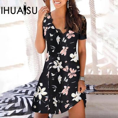 Summer Style Women's Print Pullover Short Sleeve V-neck A-line Dress