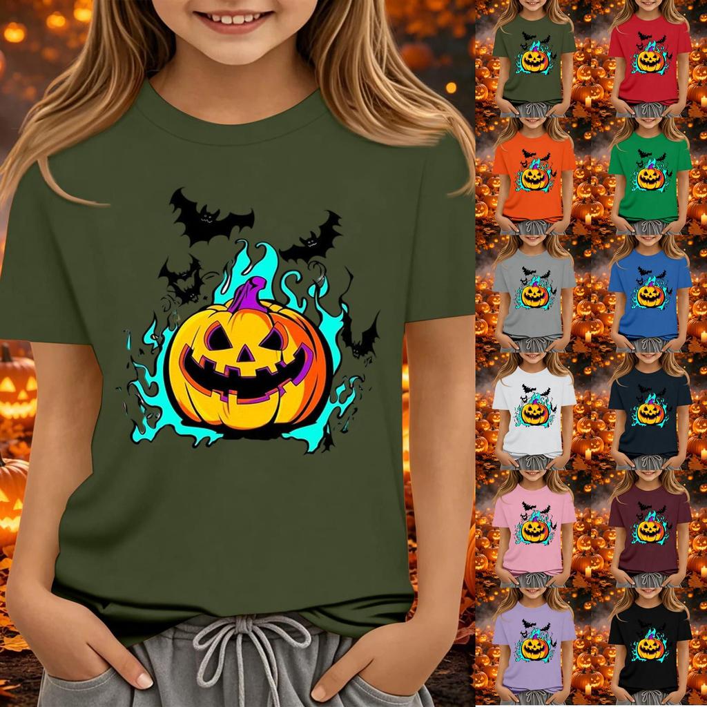 Kids Halloween Printed Neck Short Sleeve T-Shirt Loose Fit Casual Top