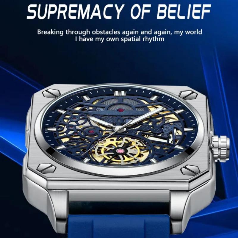 BINBOND Transparent Waterproof Luminous Watches Trendy Hollowed Out Square Men Watch Skeleton Tourbillon Fully Automatic Mechanical Wristwatch
