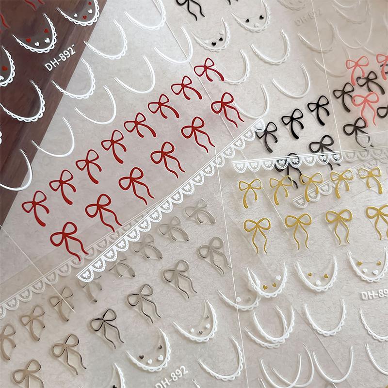 1 Sheet French Bowknot Silk Ribbon Nail Art Sticker Lace Elegant Line Soft Self Adhesive Decoration Manicure Decal