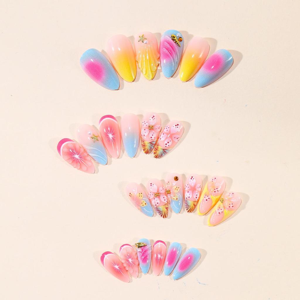 3D Embossed Flower Wearable Nails with Drip Glue & Steel Beads - Detachable Manicure Set
