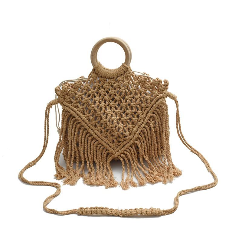 Boho Fringe Woven Bag Summer Fashion Hollowed Out Tote Pastoral Crossbody Shoulder Bag