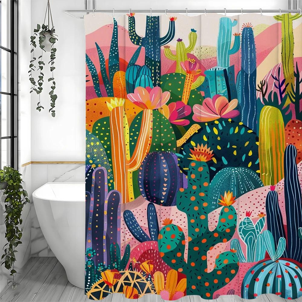 

Vibrant Cactus Garden Shower Curtain With Colorful Patterns For A Fun And Lively Bathroom Decor W60H190(CM)-1 Pcs
