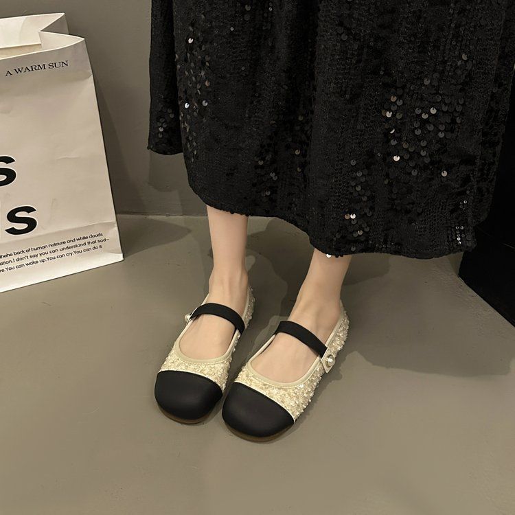 Women's Flat Shoes Black Round Toe Sequins Ladies Footwear Low Heel Elegant Slip on 2025 Summer Fashionable Korean Style Popular