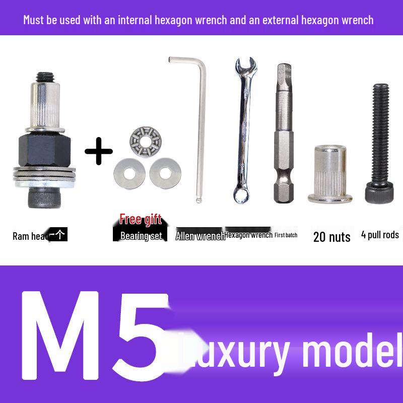 Multi-Purpose Electric Rivet Tool with Manual Wrench and Nut Head Attachment