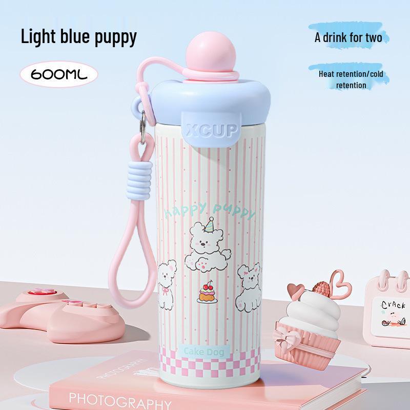 316 Stainless Steel Insulated Straw Cup for Women & Students - Cute Cartoon Water Bottle with Handle for Outdoor Use.