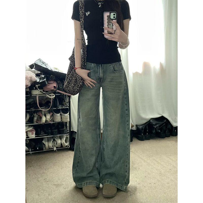 

Американские сексуальные джинсовые брюки с низкой посадкой, женские, летние, новинка, ретро, потертые, свободного кроя, широкие, облегающие, прямого кроя, швабра Retro Blue L