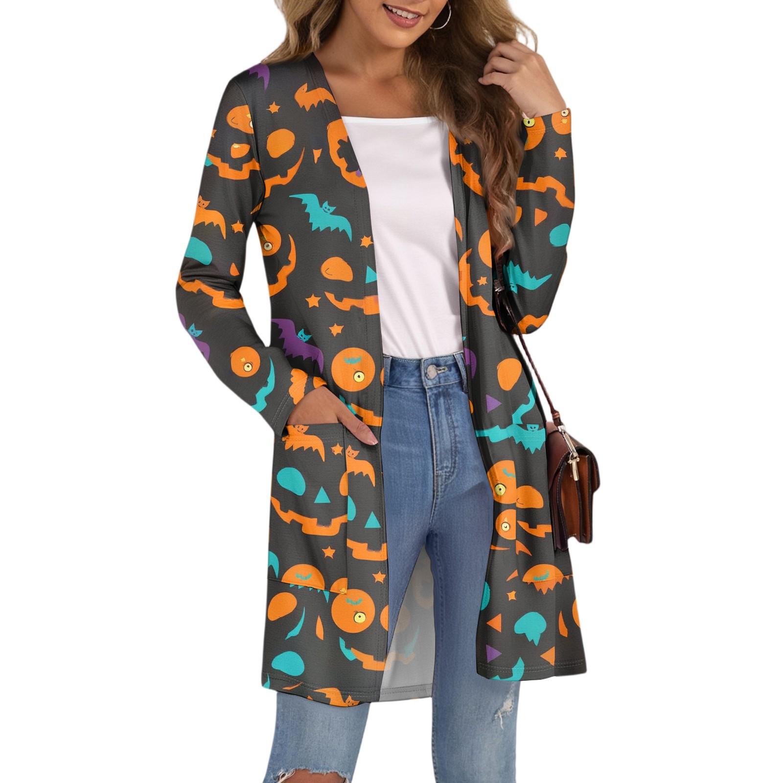 

Women s Fashion Casual Comfortable Halloween Printed Mid-Length Cardigan With Pockets Jacket L армія зелений колір
