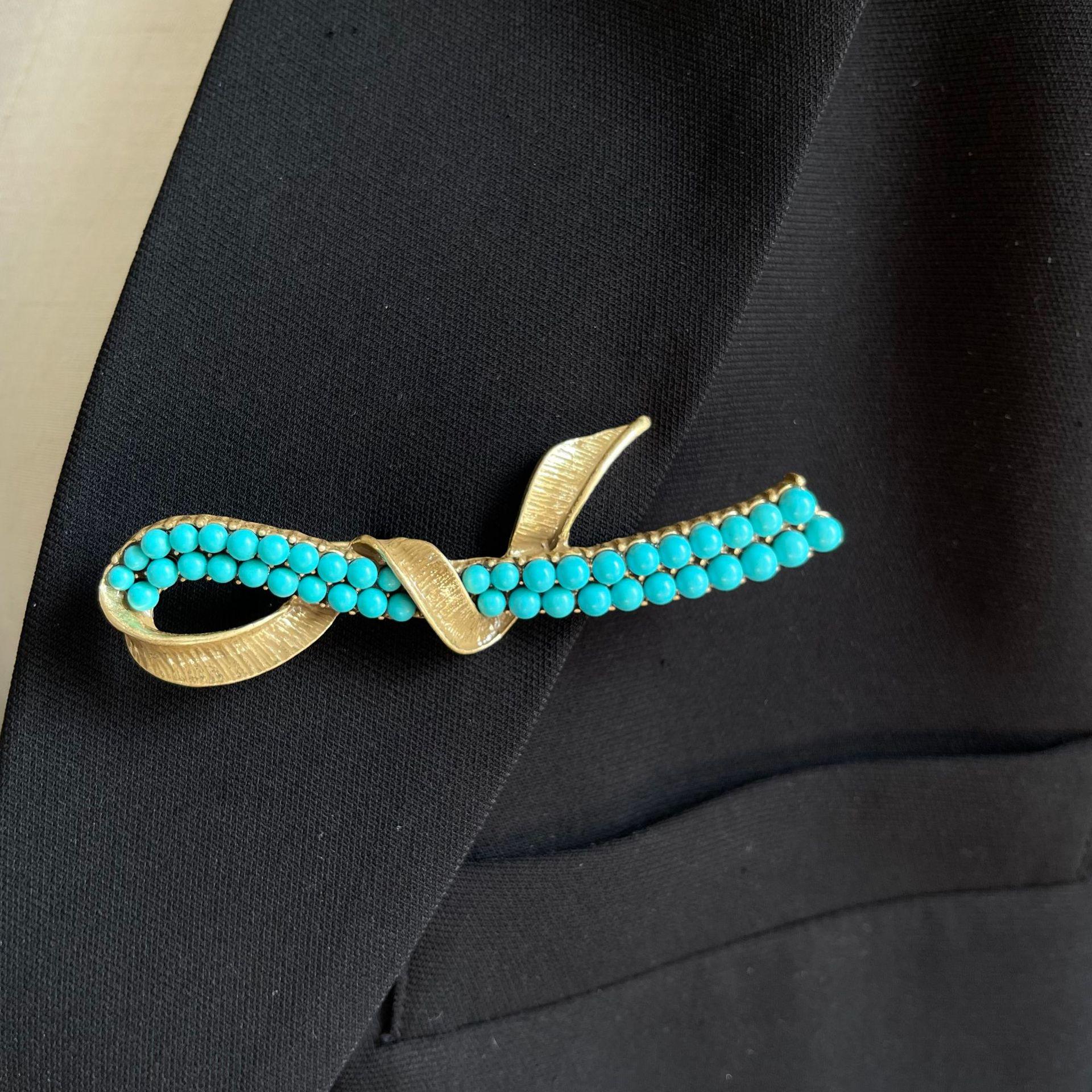 Винтажная брошь-бант из зеленой бирюзы - Модная состаренная булавка для пальто