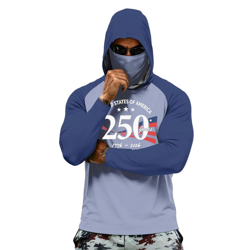 Men Long Sleeve Hooded Sun Protection Shirt with National Flag Graphic Quick Dry Lightweight Athletic Top for Outdoor Activities