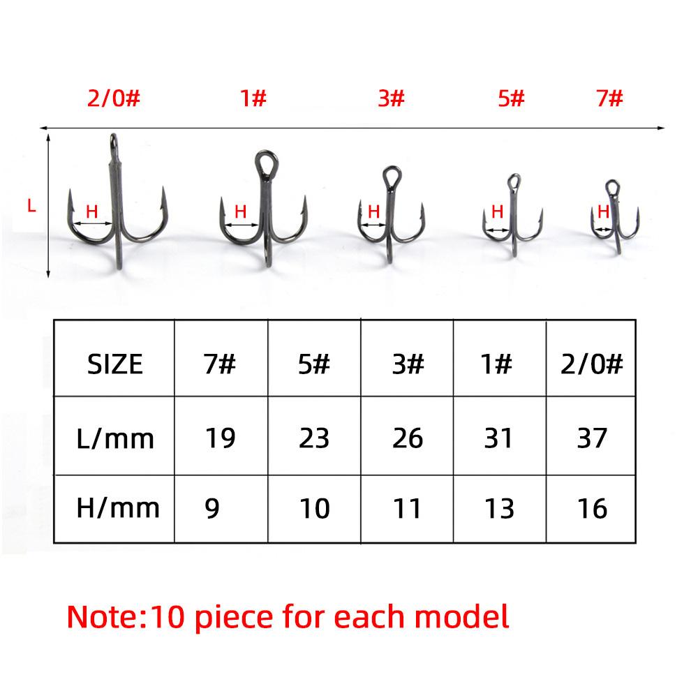 50PCS Treble Hooks Treble Fishing Hooks Carbon Steel Treble Fishing Hooks Set Round Bend Hooks Mixed 5 Size