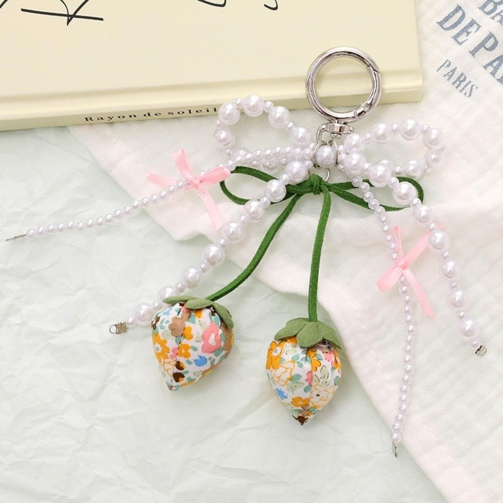 New Ribbon Pearl Strawberry Bow Keychain DIY Jewelry Style Mobile Phone Pendant Bag Charm Pendant Mobile Phone Chain