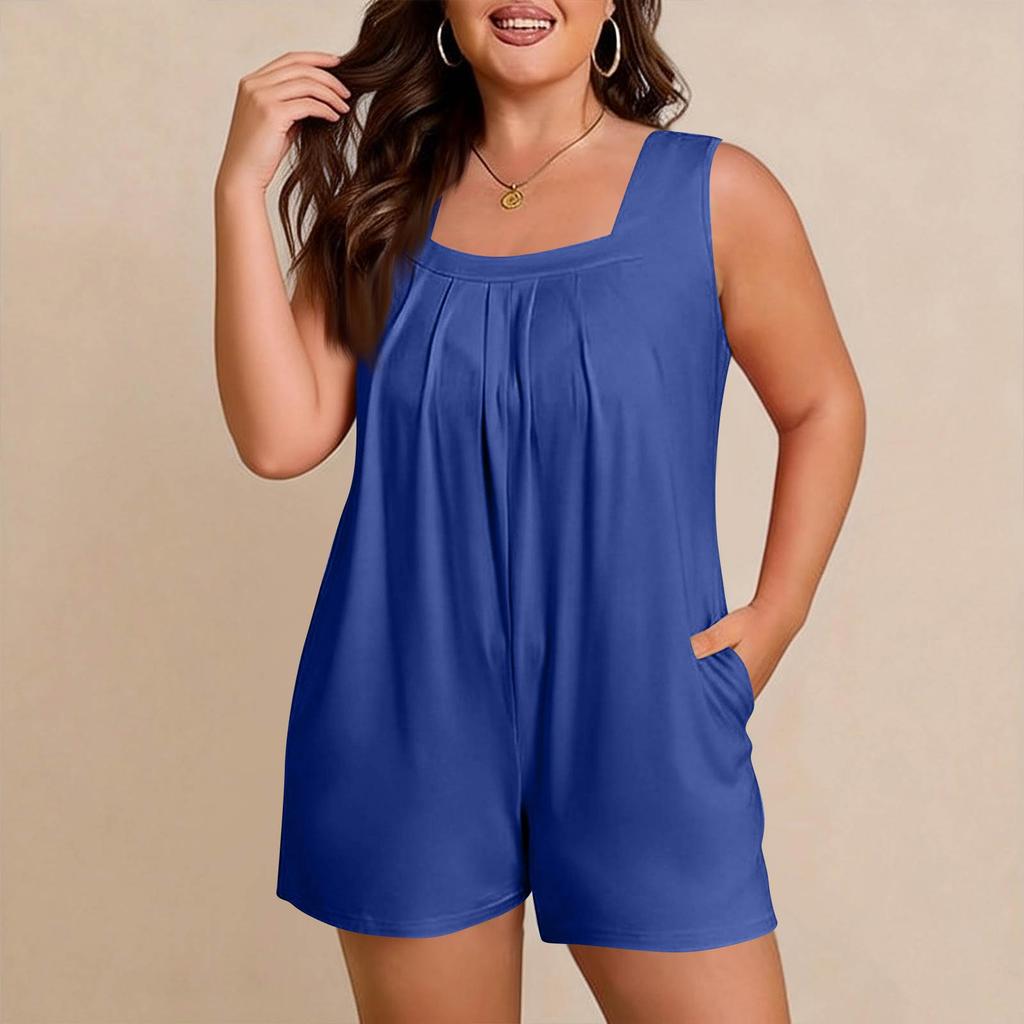 Women's Plus Size Casual Tank Top Sleeveless Pocket Jumpsuit Shorts Set